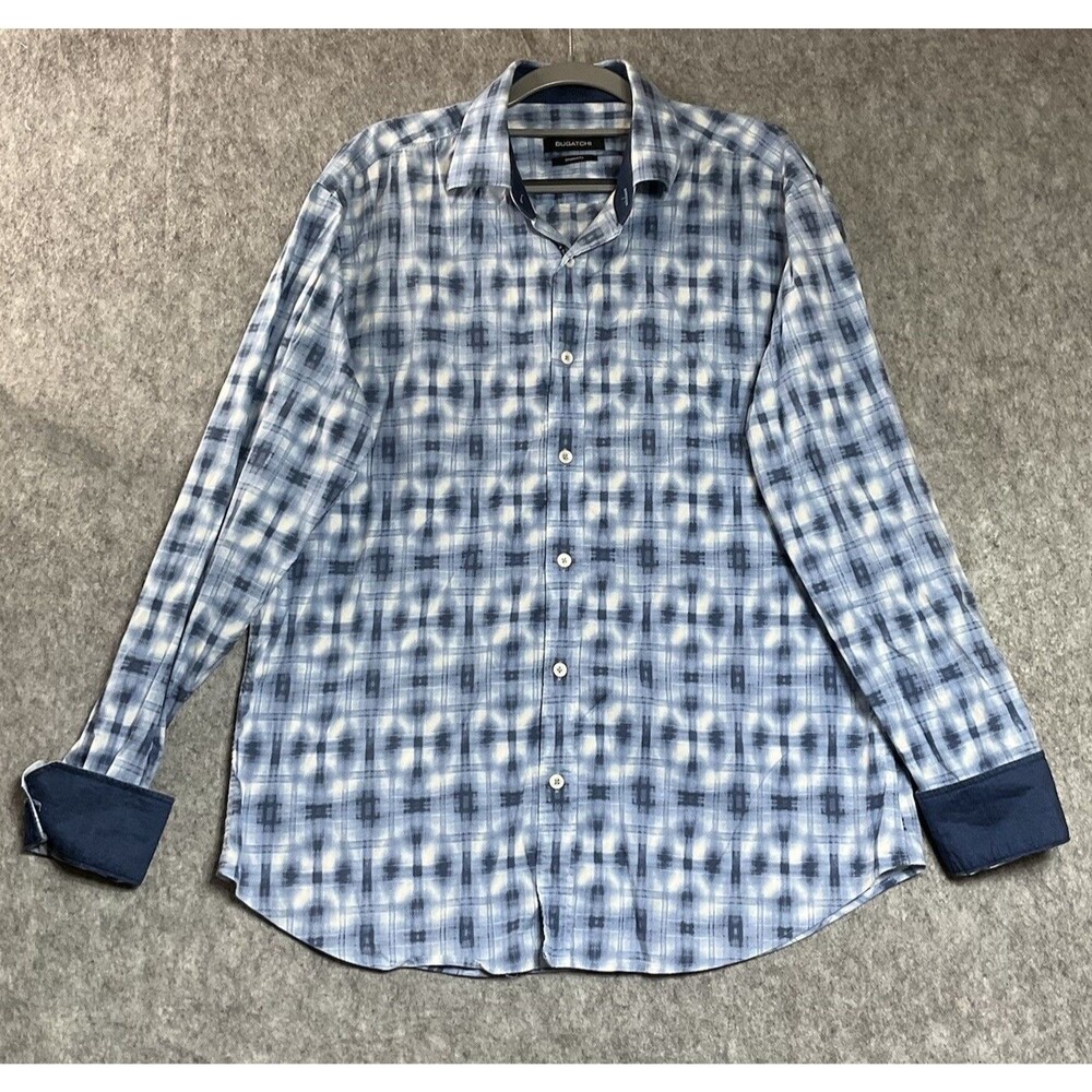 Bugatchi Shirt Mens Large Blue Geometric Long Sleeve Flip Cuff Shaped Fit
